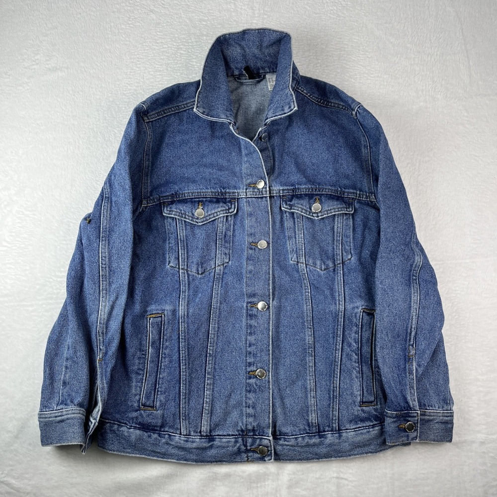 H&M Trucker Jacket Womens 10 Blue Denim Collared Button Front Winter Outdoor